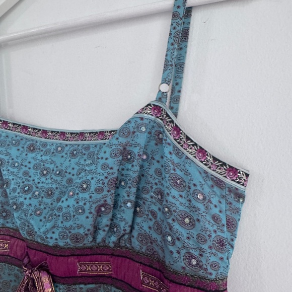 Nicole Miller Blue and Purple Silk Dress, Spaghetti Straps, Beaded Bodice - Picture 4 of 7